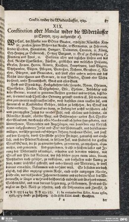 XIX. Constitution oder Mandat wider die Widertäuffer zu Speyer, 1529 aufgericht …