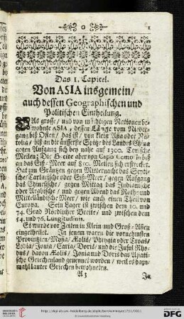 Das 1. Capitel: Von Asia insgemein / auch dessen Geographischen und Politischen Eintheilung