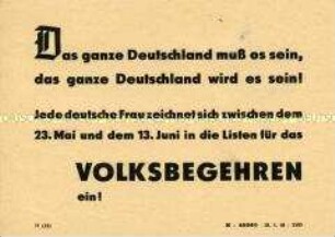 Handzettel des DFD mit dem Aufruf an alle Frauen zur Einzeichnung beim Volksbegehren für Einheit und gerechten Frieden