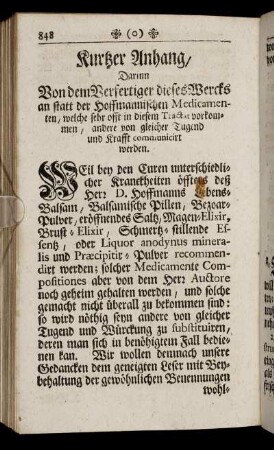 Kurtzer Anhang, Darinn ... an statt der Hoffmannischen Medicamenten, ... andere von gleicher Tugend und Krafft communicirt werden.