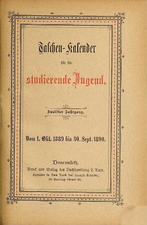 Taschen-Kalender für die studierende Jugend. 12. 1889/90