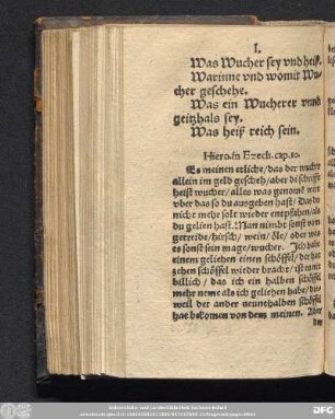 I. Was Wucher sey vnd heiß. Warinne und womit Wucher geschehe. Was ein Wucherer unnd geitzhals sey. Was heiß reich sein.