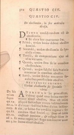 Quaestio CIV. De obedientia, in sex articulos divisa.
