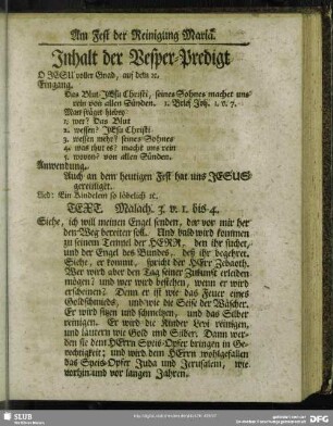Inhalt der Vesper-Predigt [Am Fest der Reinigung Mariä]