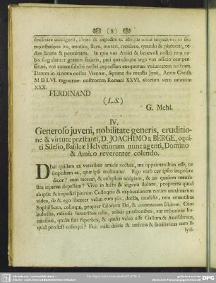 IV. Generoso juveni, nobilitate generis, eruditione & virtute praestanti, D. Joachimo a Berge, equiti Silesio, Basileae Helvetiorum nunc agenti, Domino & Amico reverenter colendo