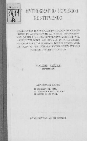De mythographo Homerico restituendo