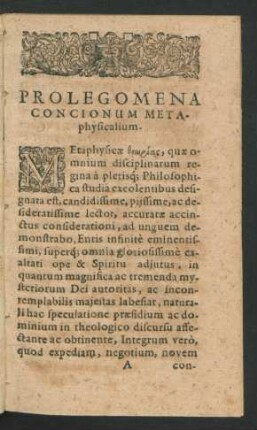 Prolegomena Concionum Metaphysicalium.