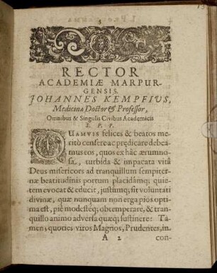 Rector Academiae Marpurgensis. Johannes Kempfius, Medicinae Doctor & Professor, Omnibus & Singulis Civibus Academicis