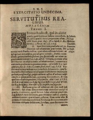Exercitatio Undecima. De Servitutibus Realibus. Thesis I. - XVIII.