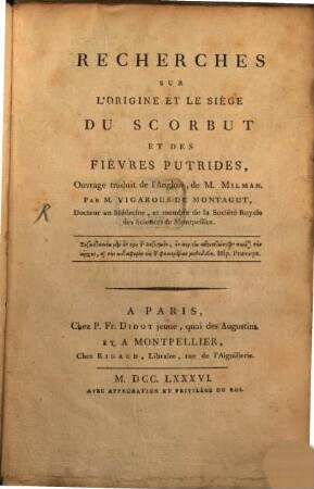 Recherches sur l'Origine et le siège du Scorbut ...