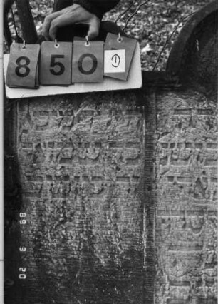 Grabstein 850 (Index: 99751256) Material: Sandstein Zustand: verwittert Maße HxBxT: 117x87x11 cm Beschreibung: Doppelstele, Schriftfelder eingetieft: Grabstein 850D