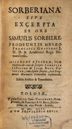 SORBERIANA SIVE EXCERPTA EX ORE SAMUELIS SORBIERE