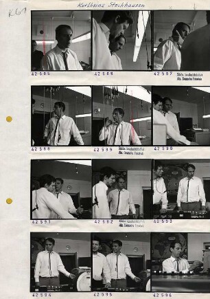Portraitserie Karlheinz Stockhausen : Stockhausen, Karlheinz (1928.08.22 Mödrath/Kerpen - 2007.12.05 Kürten-Kettenberg), Komponist. Aufnahmen im Studio für elektronische Musik des Westdeutschen Rundfunks Köln (WDR) mit Studioleiter und Komponisten David Johnson (1940-1921)