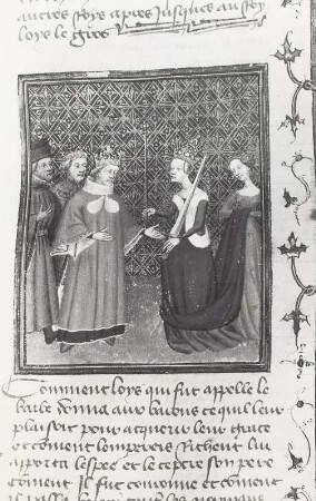 Le Grand Chronique de France: Richeut übergibt Ludwig II. Krone, Zepter und Schwert seines Vaters (858)