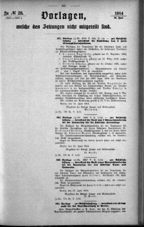Anlage: zu No.23. (561-568.), Vorlagen, welche den Zeitungen nicht mitgeteilt sind