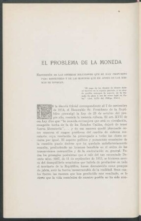 El problema de la moneda : Exposición de las diversas soluciones que se han propuesto para resolverlo y de las razones que en apoyo de las mismas se invocan