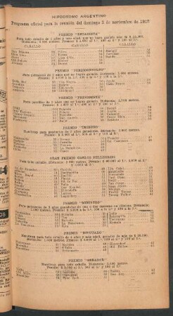 Hipódromo Argentino - Programa oficial para la reunión del domingo 3 de noviembre de 1912