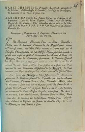 Très-Révérends, Révérends Peres en Dieu, Vénérables, Nobles, chers & bien-amés, l'intention de Sa Majesté étant, comme il Vous est connu, ...