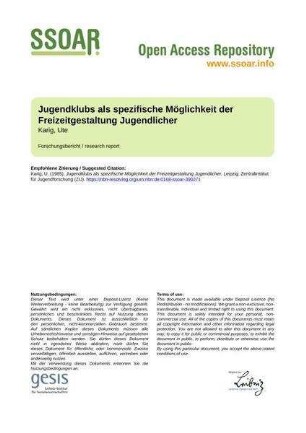 Jugendklubs als spezifische Möglichkeit der Freizeitgestaltung Jugendlicher