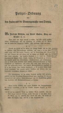 Polizei-Ordnung für den Hafen und die Binnengewässer von Danzig : [Geschehen Berlin den 30sten Januar 1821]