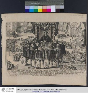 Abbildung, Welcher Gestalt Vor Dem Grosmächtigsten Keyser Carln Dem V., Ufm Reichstag Zu Augspurgk, Im Iahr Christi MDXXX. Den XXV. Tag Des Brachmonats, Churfürst Iohans Zu Sachsen, Margkgrave Georg zu Brandenburgk-Ahnspach ... In den Schrifften Der Propheten Und Aposteln Begrundvestigten, Und In Ihren Landen Und Gebieten Wieder Aufgerichteten Evangelischen Glaubens, Bekäntnüs Gethan. Und Solchs, In Teutscher Und Lateinischer Sprache, Mit Aller Freüdickeit Underthänigst Überreicht Haben? : Alles dem Wunderthätigen großen Gott .... Und allen Rechtgläubigen zum fürbilde und getroster nachfolge, in dis Kupfer gebracht, Anno 1630 : Cum gratia et privilegio Illust. Duc. Sax.