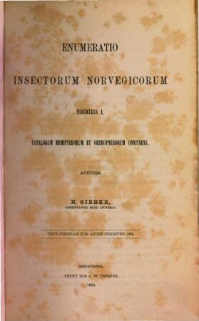 Enumeratio insectorum Norvegicorum, 1. Catalogum Hemipterorum et Orthopterorum continens