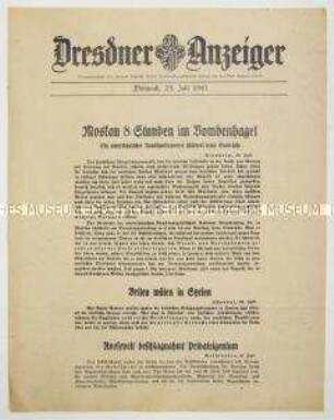 Nachrichtenblatt "Dresdner Anzeiger" u.a. zu US-amerikanischen Rundfunkmeldungen über schwere deutsche Luftangriffe gegen Moskau