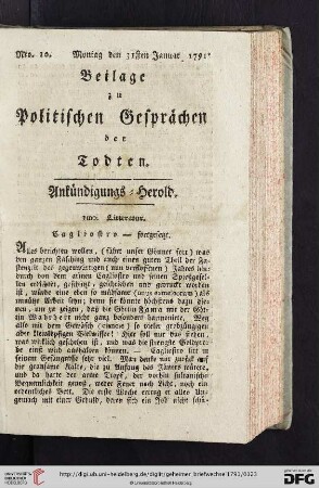 Beilage zu Politischen Gesprächen der Todten. Ankündigungs-Herold. Nro. 10