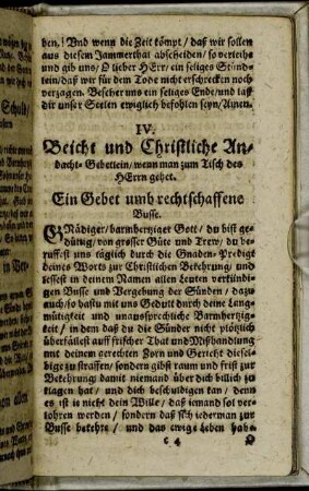 IV. Beicht und Christliche Andacht-Gebetlein/ wenn man zum Tisch des Herrn gehet.