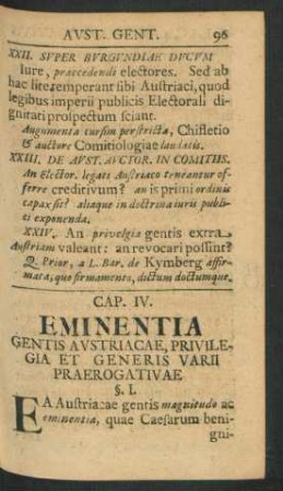 Cap. IV. Eminentia Gentis Austriacae, Privilegia Et Generis Varii Praerogativae.