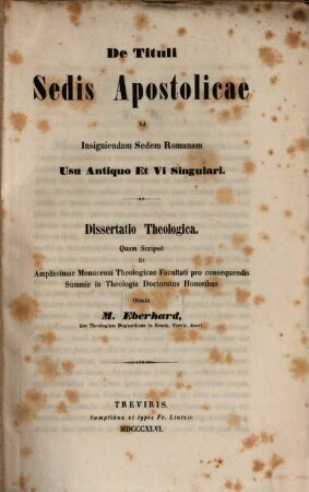 De tituli sedis apostolicae ad insigniendam sedem Romanam usu antiquo et vi singulari