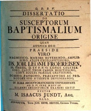 Dissertatio De Susceptorum Baptismalium Origine