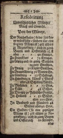 Resolvirung Unterschiedlicher Müntze, Maaß und Gewicht