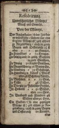 Resolvirung Unterschiedlicher Müntze, Maaß und Gewicht