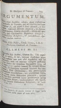 Argumentum. debit is ornat laudibus zelum, atque constantiam Cardinalis de Tournon, ... Dilecto Filio Nostro, Carolo Thomae, ... Clemens PP. XI.