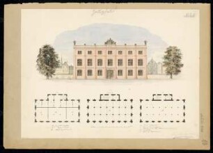 Zeughaus Monatskonkurrenz Februar 1840: Grundriss Erdgeschoss, 1. und 2. Obergeschoss, Aufriss Vorderansicht; 2 Maßstabsleisten