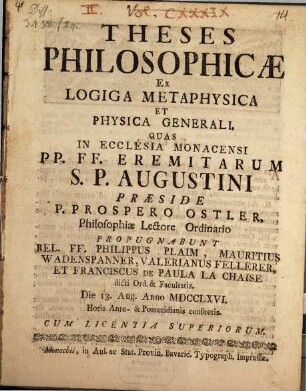 Theses philosophicae ex logica, metaphysica ...