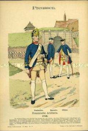 Uniformdarstellung, Bombardier, Kanonier und Offizier der Artillerie, Königreich Preußen, 1750.