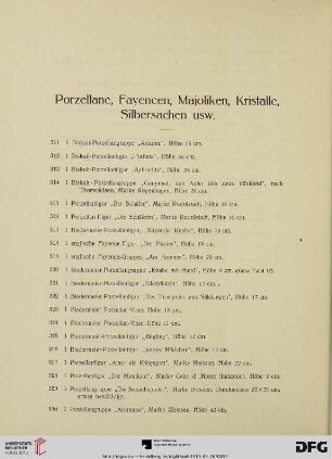 Porzellane, Fayencen, Majoliken, Kristalle, Silbersachen usw. (Nr. 311-504)