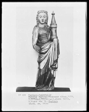 Grabower Altar — Mittelteil: Der gekreuzigte Christus mit Maria und Johannes zu beiden Seiten des Kreuzes; links und rechts Heilige und Propheten — Heilige Barbara