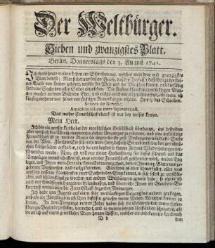 Sieben und zwanzigstes Blatt. Berlin, Donnerstags den 3. August 1741.
