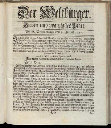 Sieben und zwanzigstes Blatt. Berlin, Donnerstags den 3. August 1741.