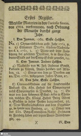 Erstes Register. Was für Materien in den Curiosis Saxon. von 1762. vorkommen, nach Ordnung der Monathe durchs ganze Jahr