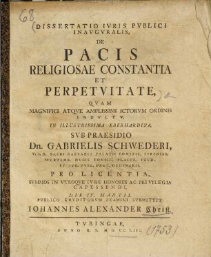 Dissertatio Ivris Pvblici Inavgvralis De Pacis Religiosae Constantia E Perpetuitate