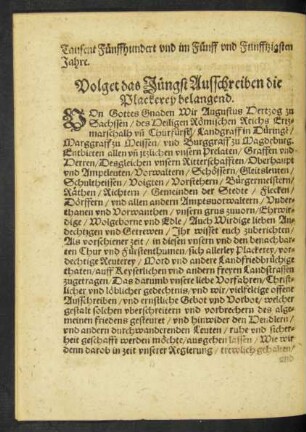 Volget das Jüngst Ausschreiben die Plackerey belangend.