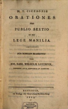 M. T. Ciceronis Orationes Pro Publio Sextio et Pro Lege Manilia