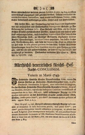 Abdruck Allergnädigsten Kayserlichen Commissorii ad exequendum ... In Sachen der Gräflich-Hohenloh-Neuensteinischen Linie Contra die Fürstlich Hohenlohe-Waldenburgische Linien, puncto diversorum Attentatorum & Gravaminum Religionis
