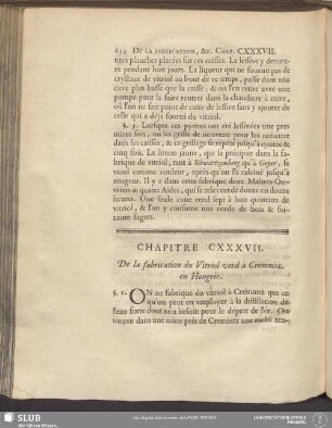 Chapitre CXXXVII. De la fabrication du Vitriol verd à Cremnitz en Hongrie