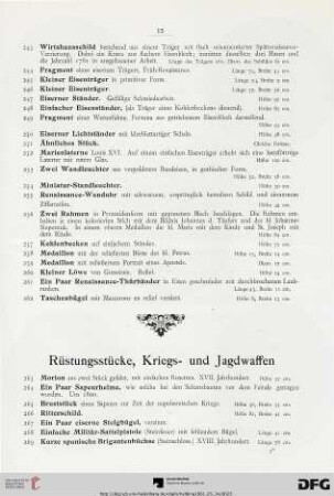 Rüstungsstücke, Kriegs- und Jagdwaffen (Nr. 263-284)