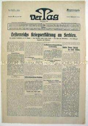 Berliner Tageszeitung "Der Tag" zur Kriegserklärung Österreichs an Serbien